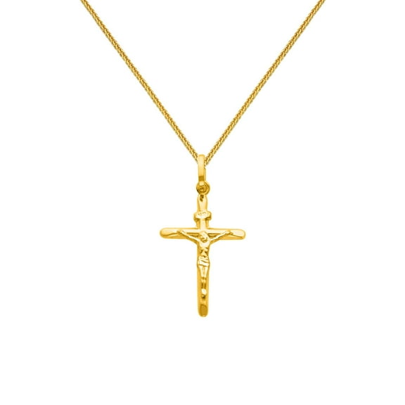 Wellingsale 14k Yellow Gold Polished Catholic Crucifix Cross Charm Pendant with 0.8mm Braided Square Wheat Chain Necklace - 16"