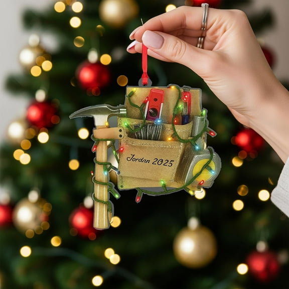 Personalized Construction Tool Belt Acrylic Christmas Ornament 2025 with Lights Custom Name Builder/Handyman/Carpenter Holiday Tree Decor, Trades Keepsake