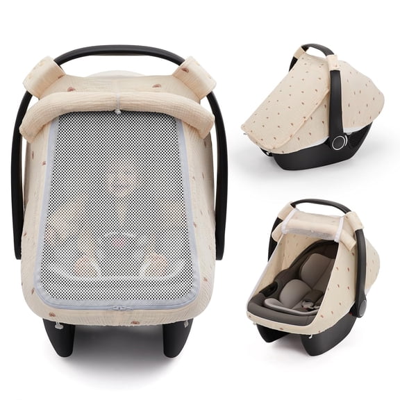 RIONIMA Muslin Baby Car Seat Cover,Infant Canopy,Sunshine Breathable Large Mesh Window,360° Fits Most Seats,Windproof,Easy Baby Access,Baby Must Have & Essentials,Newborn Gift