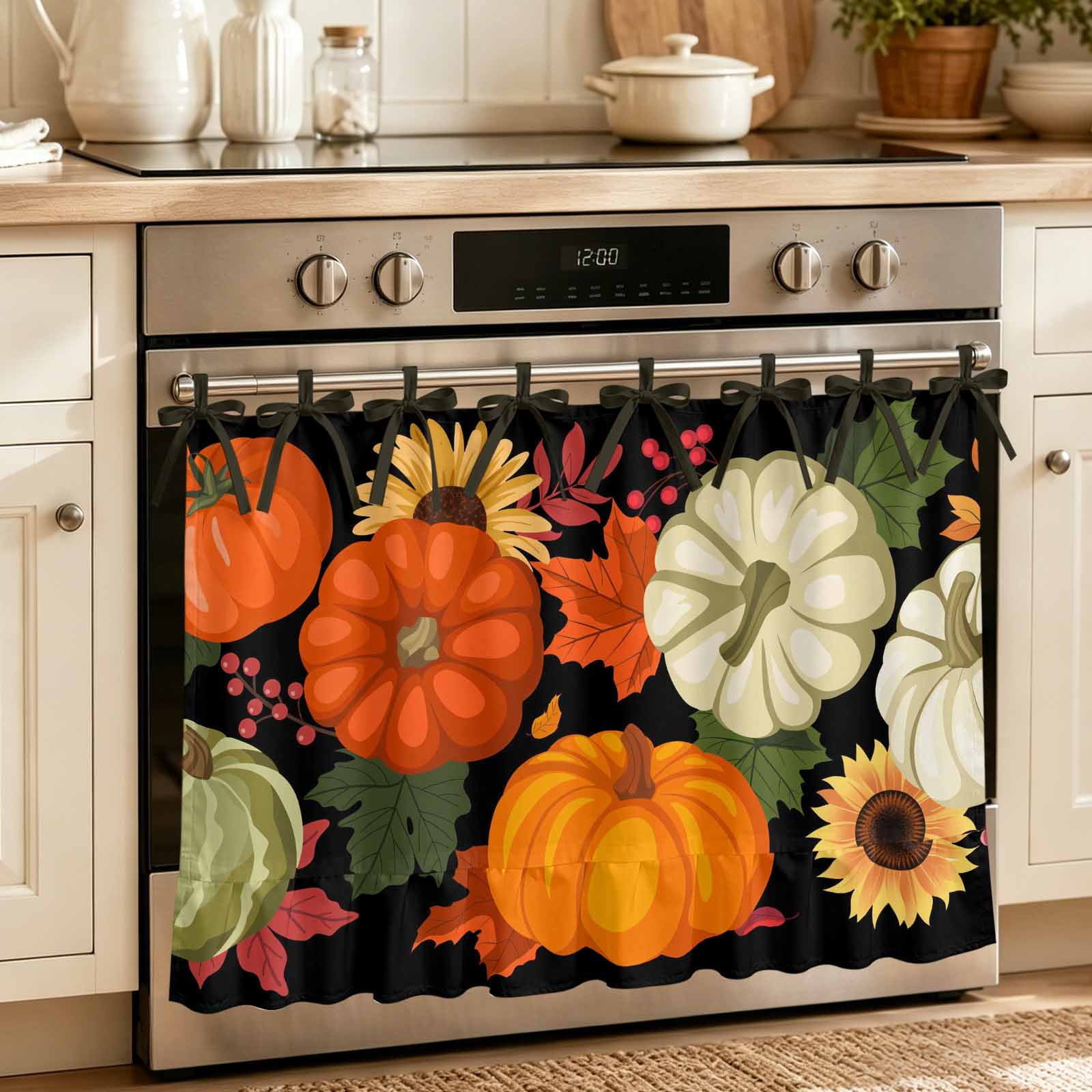 Oven Curtain for Kitchen Orange Pumpkin Thanksgiving Fall Maple Leaf Stove Curtain With Ruffled Trim Dishwasher Curtains Watercolor Sunflower on Black Oven Skirt 30 x21.5