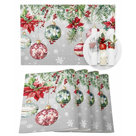 Christmas Placemats Set of 6, Christmas Balls Place Mats Pine Tree Branch Poinsettia Snowflake Gray Placemat Table Decoration for Kitchen Table Dinner Xmas Party Decor Indoor Outdoor 13x19 Inch