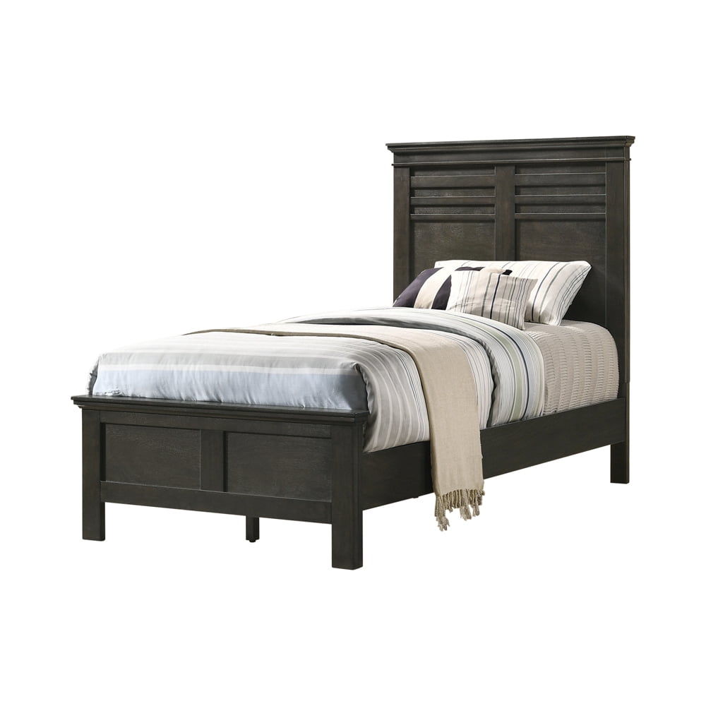 Wooden Twin Size Bed With Plank Styled Headboard Gray