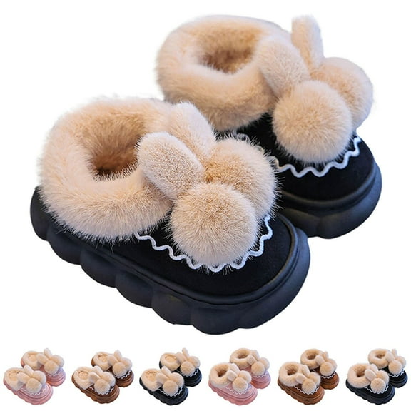 Otqutp Kids Cute Slippers Girls Fuzzy Plush Bunny Ear Platform Heeled Slipper Winter Warm Comfort Furry Non Slip House Shoes