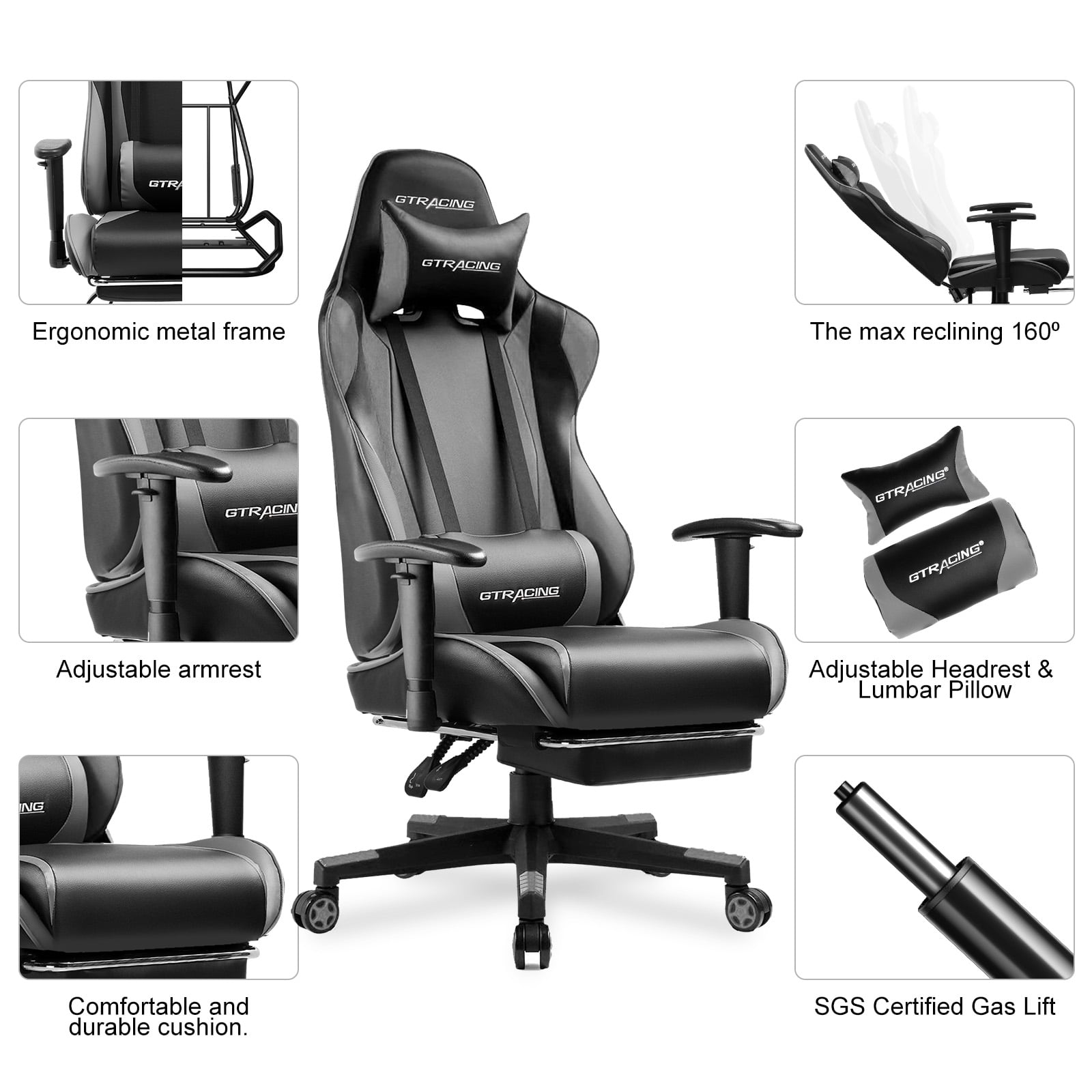GTRACING Gaming Chair with Footrest Ergonomic Reclining Office Chair Swivel Rocker, Gray