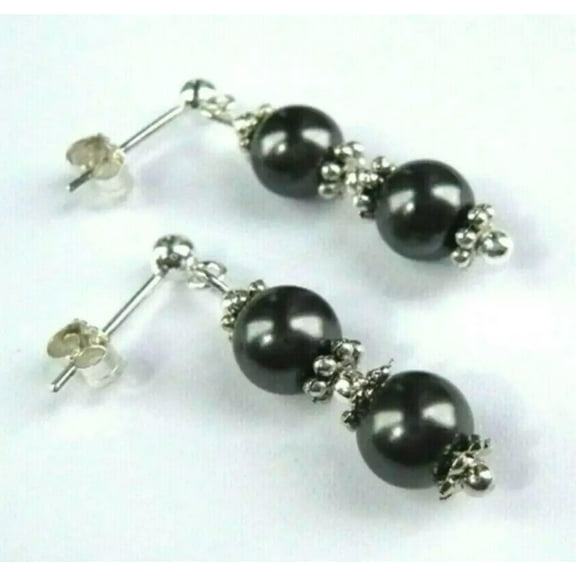 K-KED Natural 8mm Black Gray Hematite Round Gems Beads Drop Stud Earrings