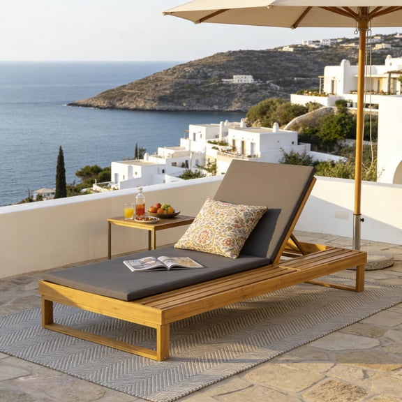 FFZ Acacia Wood Chaise Lounge with 4-Position Recline and Teak Finish, Dark Gray