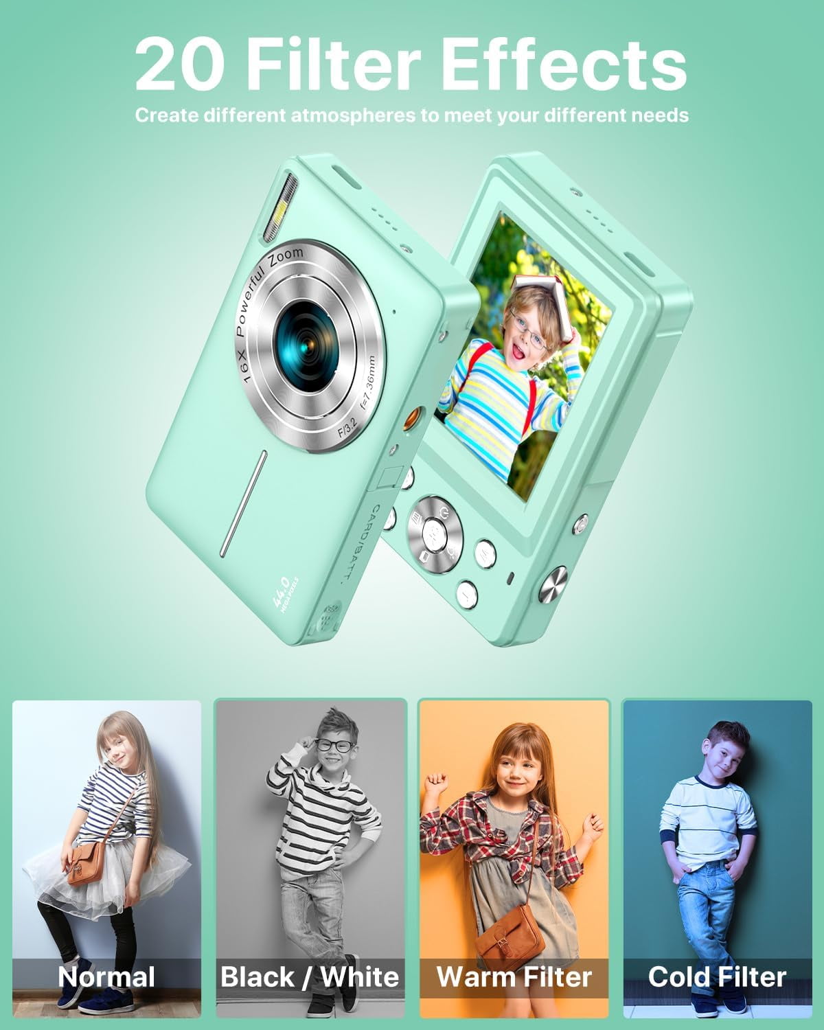ACTITOP Digital Camera FHD1080P 44MP Portable Camera for Kids 2.4"LCD Screen Small Video Camera with 32G Card