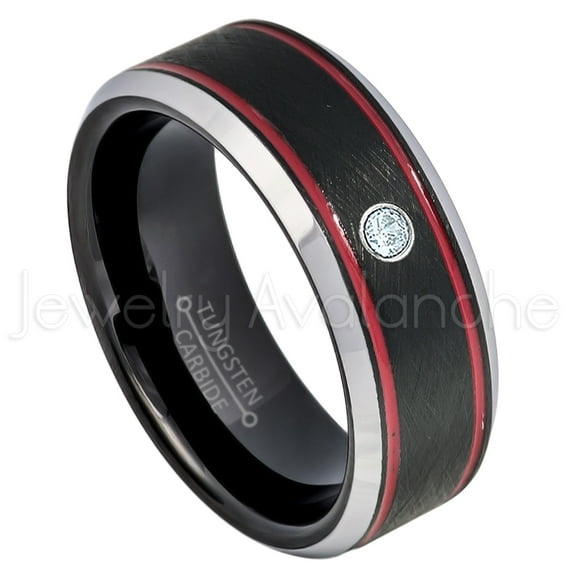 Tri-Color Black Red Stripe Tungsten Ring - 0.07ct Solitaire Aquamarine Ring - Personalized Tungsten Wedding Ring - Custom Made March Birthstone Ring TN745BS