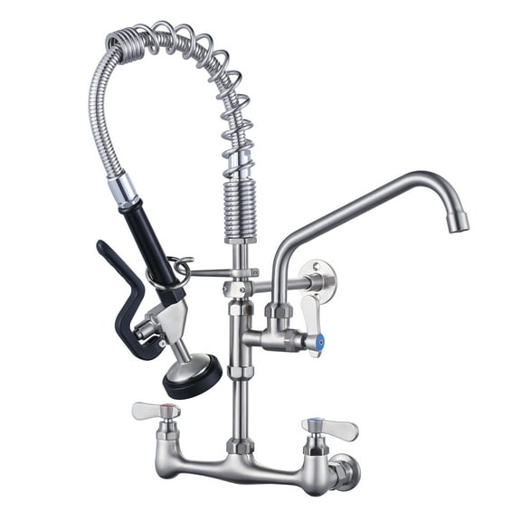 WOWOW 21 in. Wall Mount Triple Handle Pull Down Sprayer Kitchen Faucet with Pre-Rinse Sprayer with Advanced Spray in Brushed Nickel