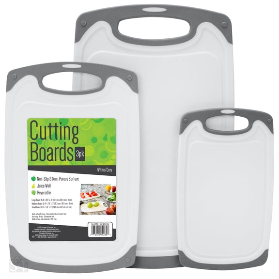 S&T INC. Cutting Board Set, Rubberized Edges, 3 Different Sizes, BPA-Free, White & Grey