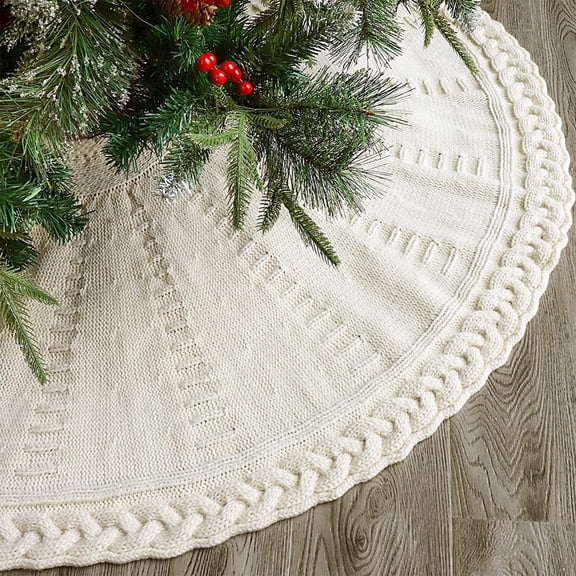 Wizlet 48 inch Christmas Tree Skirt,Braided Cable Knit Tree Skirt for Tree, Cream White Tree Skirt, Vintage Tree Skirts, Rustic Farmhouse Christmas Decorations White
