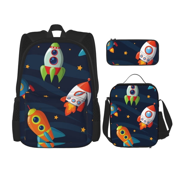 Disketp Spaceships and Stars Mochila Estampada de Gran Capacidad con Lonchera y Estuche, Set de 3 Piezas para Estudiantes