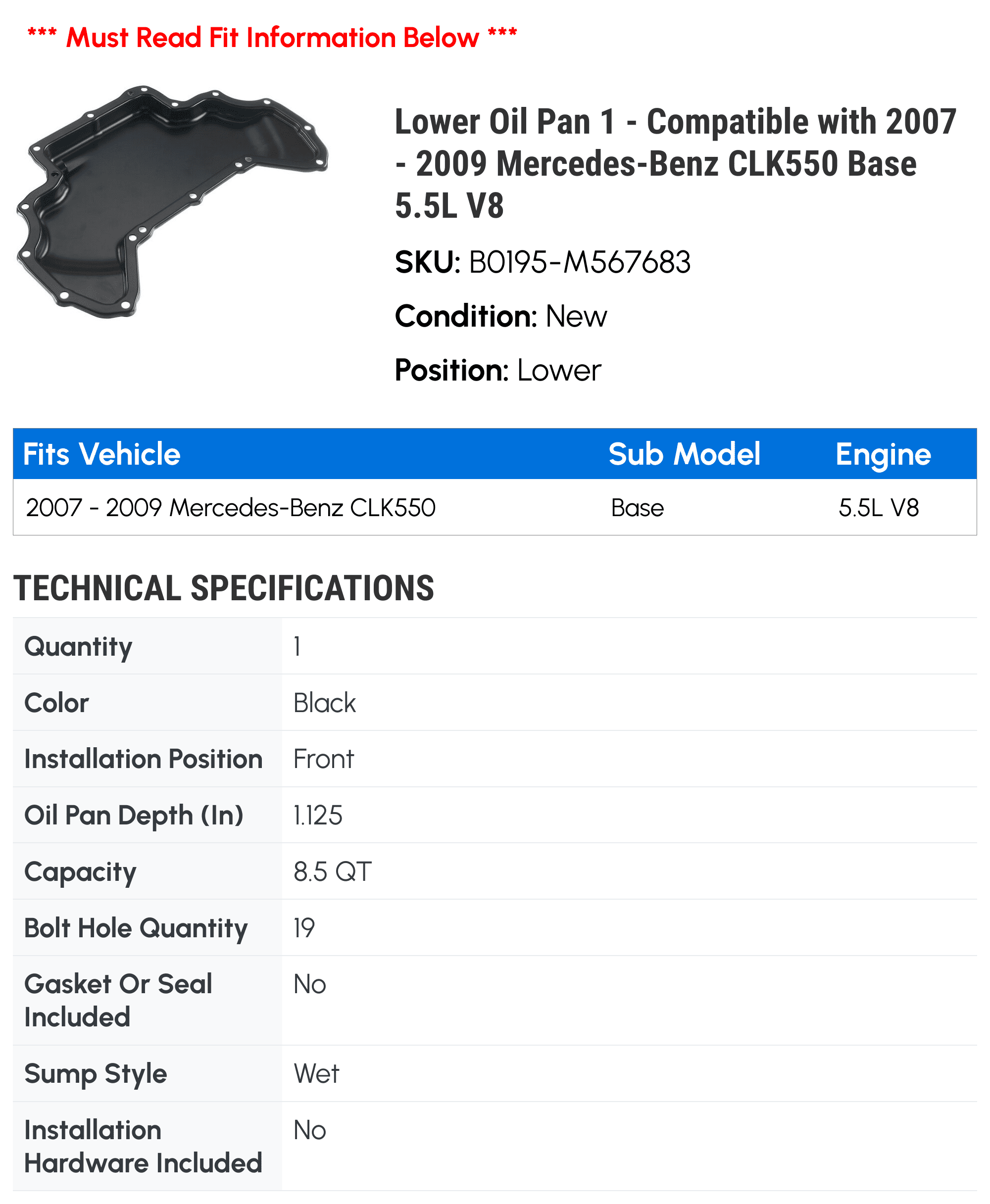 Lower Oil Pan 1 - Compatible with 2007 - 2009 Mercedes-Benz CLK550 Base 5.5L V8 - Autopart Premium