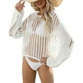 thumbnail image 2 of sunsanly Swimsuit Cover Up Solid Color Hollow Out Long Sleeves Loose Pullover Sunscreen Round Neck Knitted Summer Vacation Women Beach Top Beach Clothes, 2 of 7