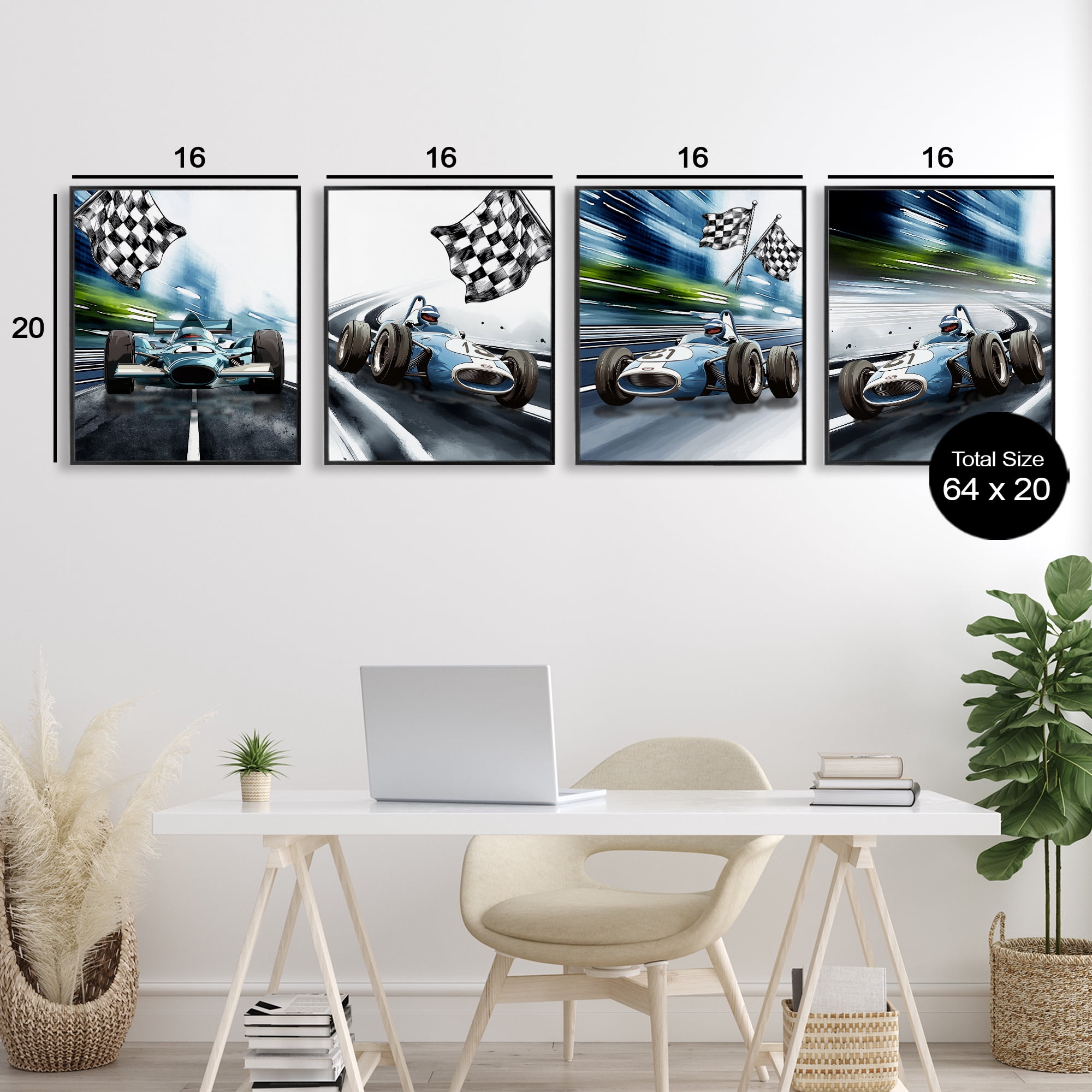 Stupell Industries Ready Set Racecars 4 Piece Black Framed Giclee Art Set, design by Christine Simpson Art