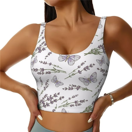 Qokaie Lavender And Butterfly Pattern Womens Scoop Neck Sports Bra Breathable Workout Vest Padded U Back Medium Impact Fitness Gym Yoga Bra Workout Crop Top-Large