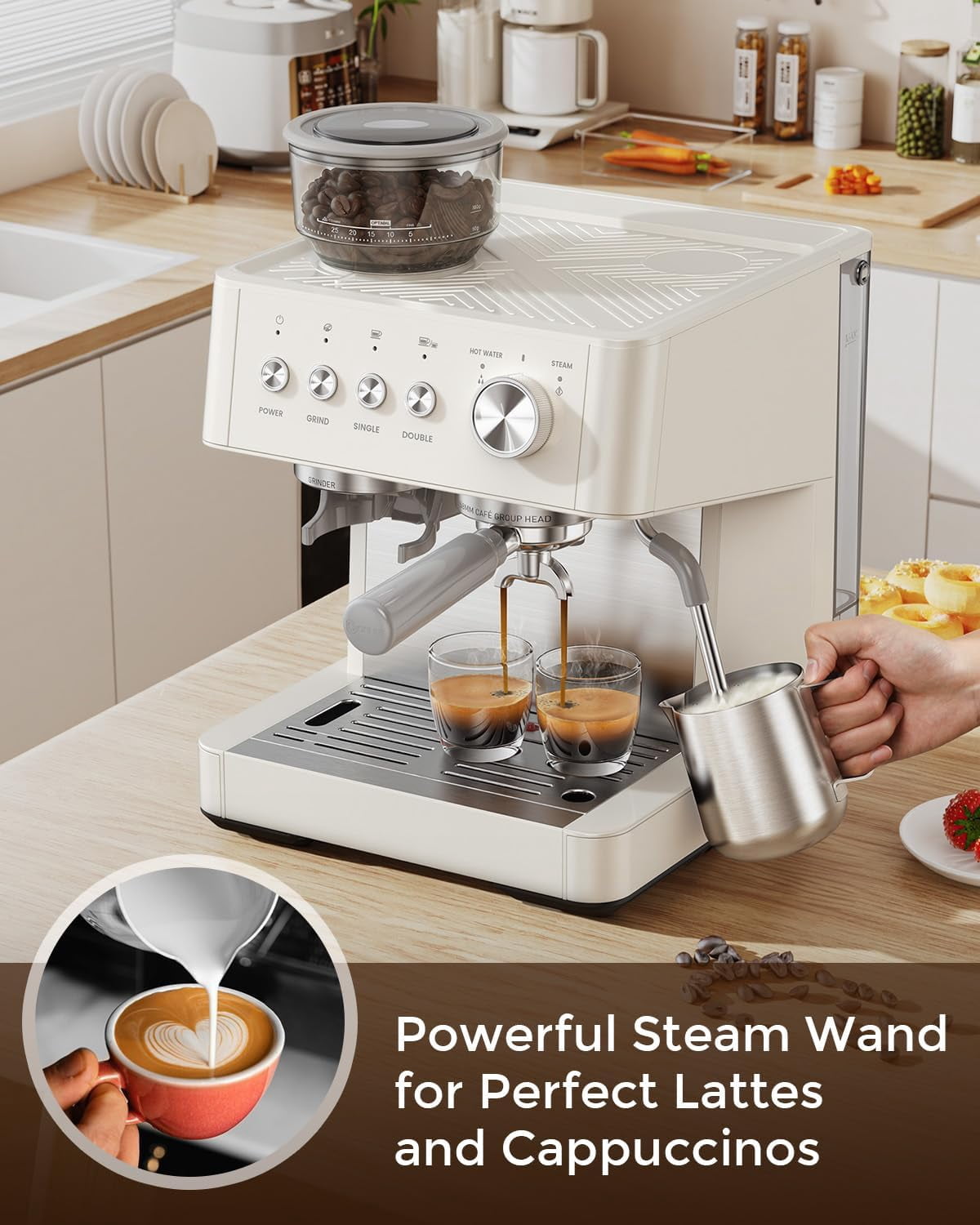 Moifoi Crema Supreme Espresso Machine with Conical Burr Anti-Clog Grinder and Steam Wand – ABS , New White