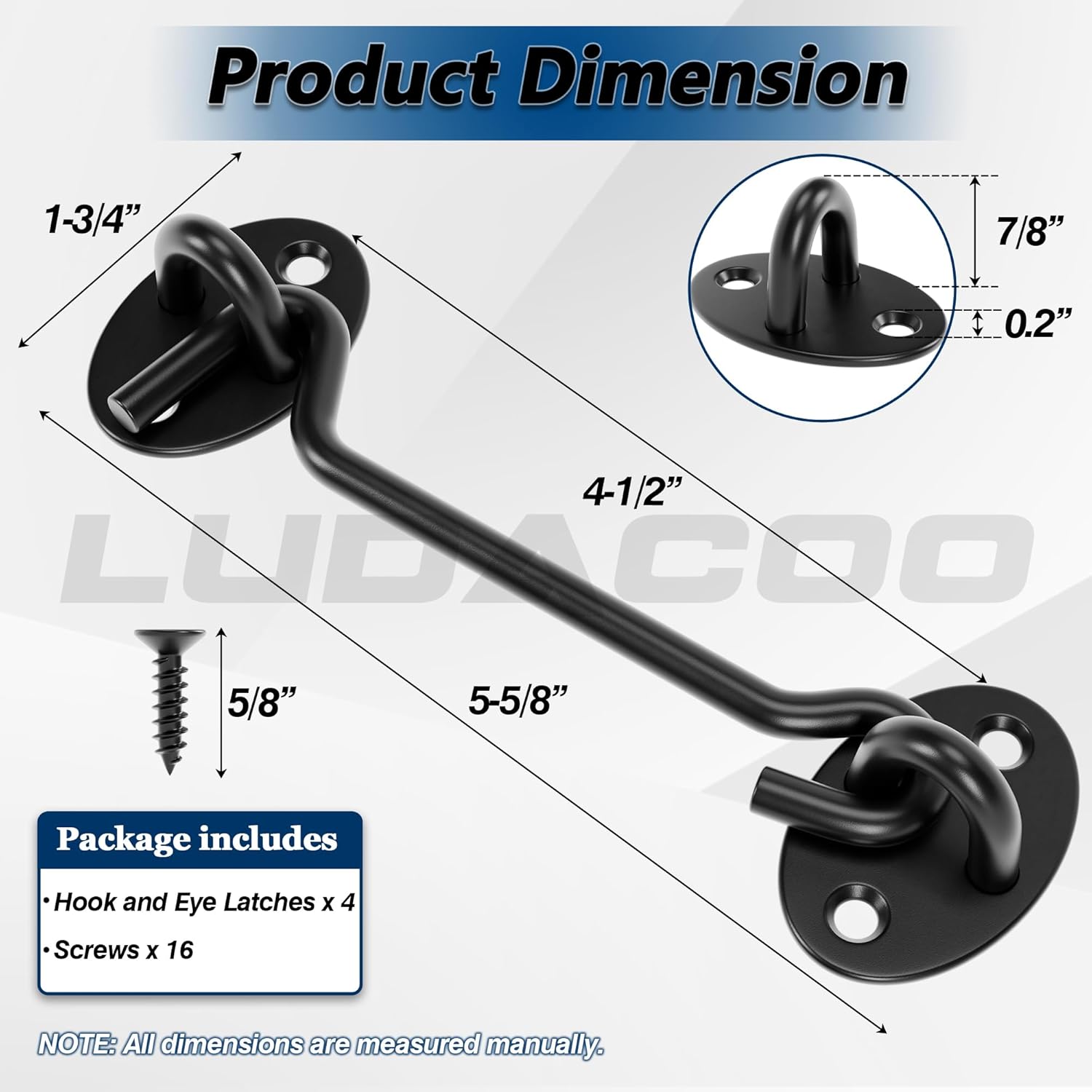 JJEAN-5" Hook and Eye Gate Latch, Sturdy Thickened Barn Door Lock Door Latch Hardware for Gates, Windows, Fences, Cabinets, and Sheds, Black, 4 Pack