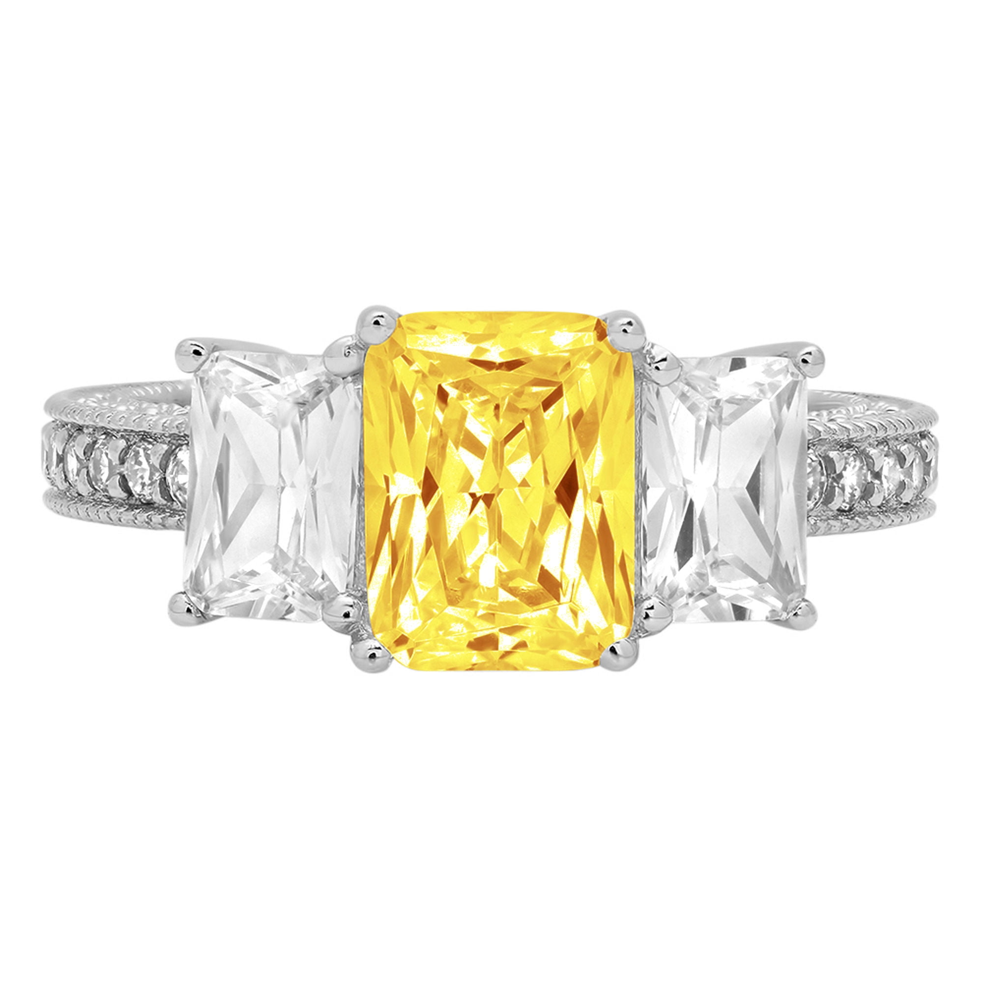 3.61ct Emerald cut Three Stone Simulated Yellow Diamond 18k