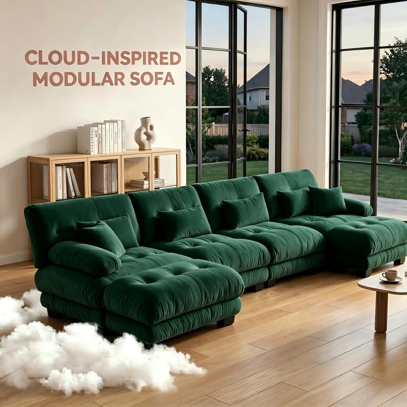 ANPPORT Cloud Couch Sleeper Sofa, Chenille Green 4-Seater Modular Sofa with 2 Ottomans, 4 Lumbar pillows, 2 Pillows, Comfy Deep Seat Cloud Sofa, Convertible L-Shaped Floor Couch for Living Room