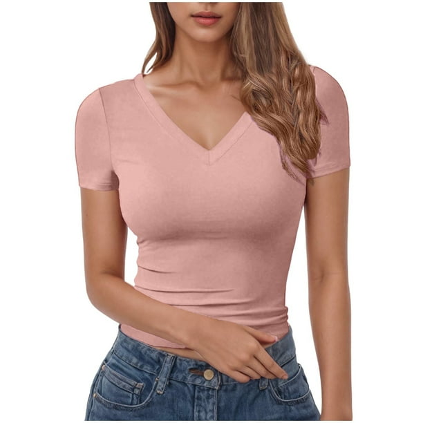 Casual Camisetas de Manga Corta para las Mujeres Cuello en V Camiseta Sólida, Poliéster de Verano de la Moda Superior para el Uso Diario