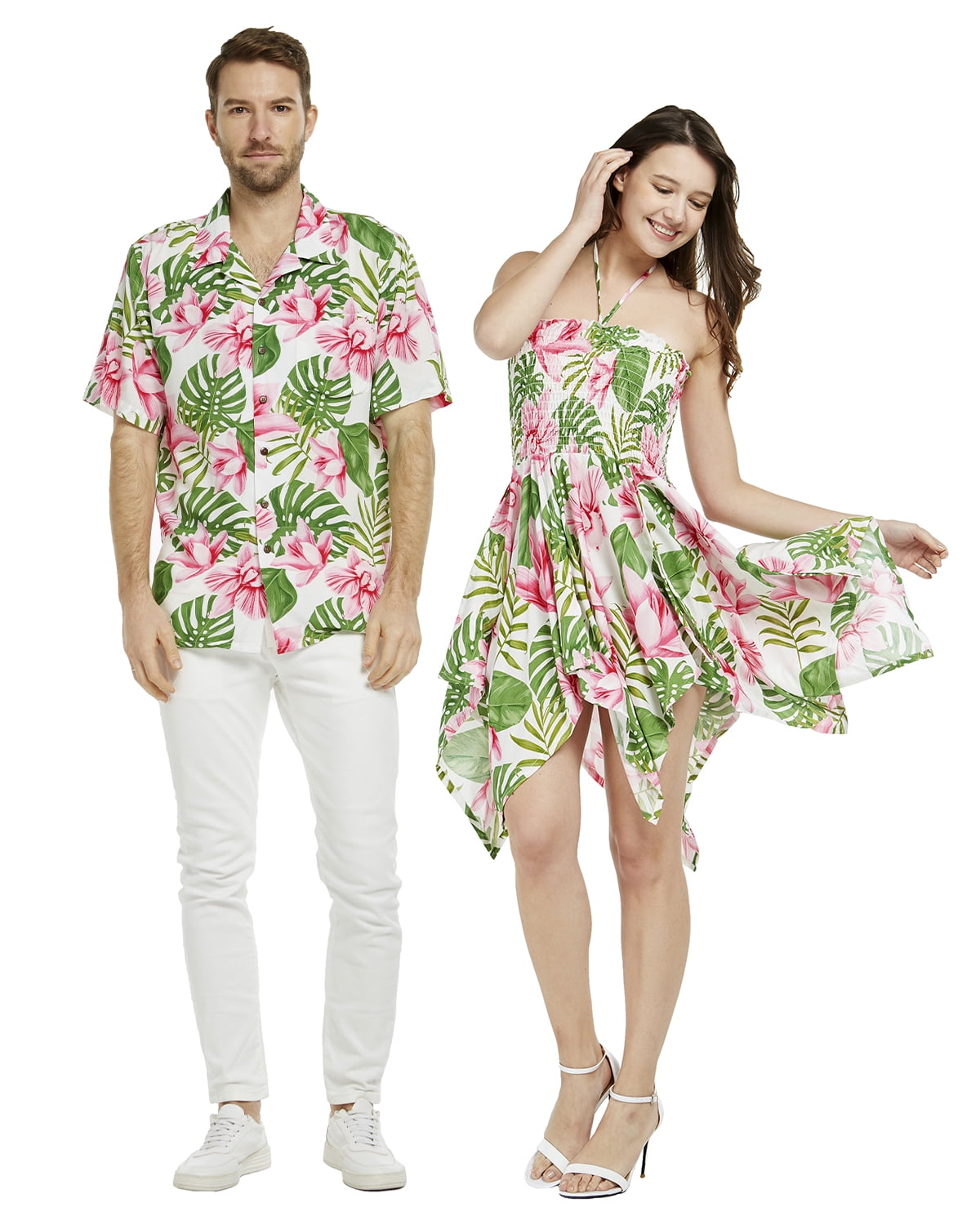 Couple Matching Hawaiian Luau Aloha Shirt Gypsy Dress in Wispy Cereus ...