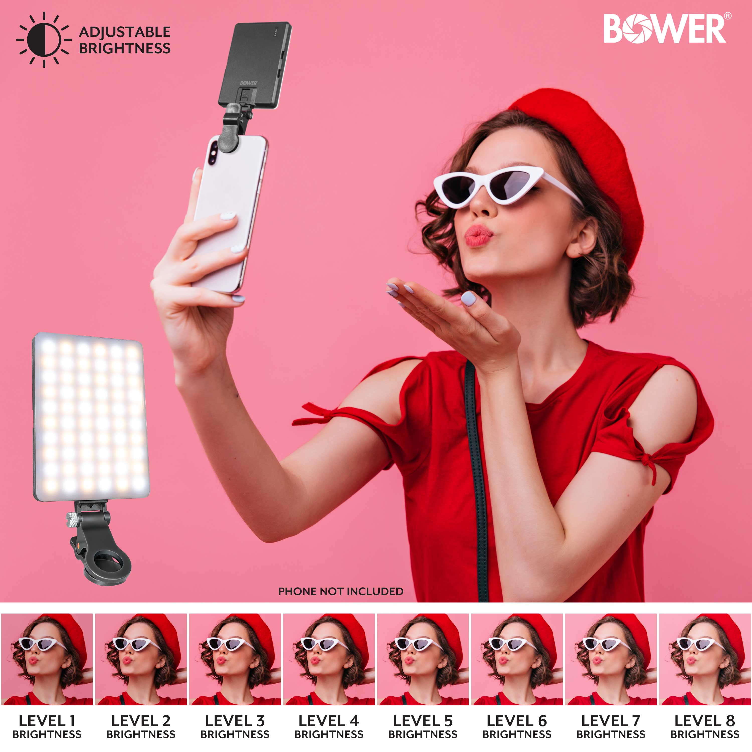 Bower Clip-on Snap Light for Streaming, Selfies & Remote Work - USB-C, 8-Level Brightness, Black