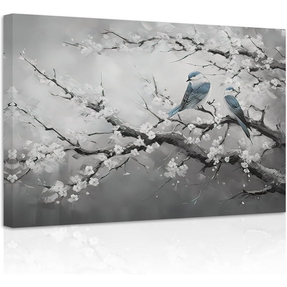 ZHONGYUTONG Birds Canvas Wall Art Blue Bird Standing on Branch Painting Prints Animal Gray Artwork Home Decor for Living Room Bedroom Framed (12.00" x 18.00")