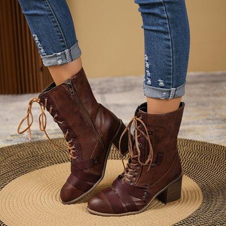 

ERTUTUYI Ladies Fashion Vintage Colorblock Leather Lace Up Side Zip High Heel Short Boots Brown 42