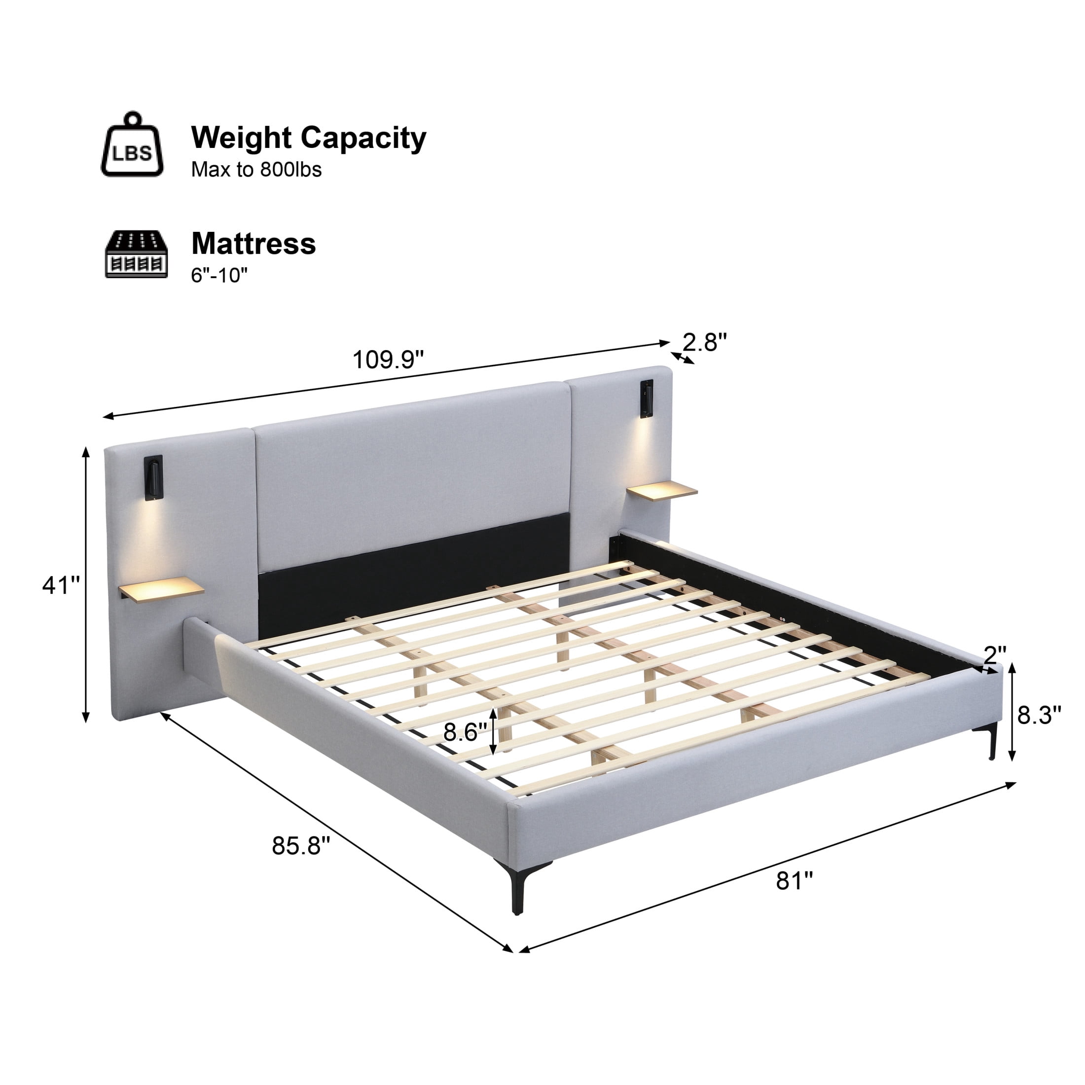 Christopher Knight Home Linen Upholstered King Platform Bed with Reading Lights and Headboard Shelves, Grey
