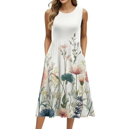 Biziza 2025 Casual Dresses for Women Long Beige Causal Vintage Floral Sleeveless Elegant Dresses Lightweight Cotton Round Neck Stretch Polyester Corset Dress with Pockets