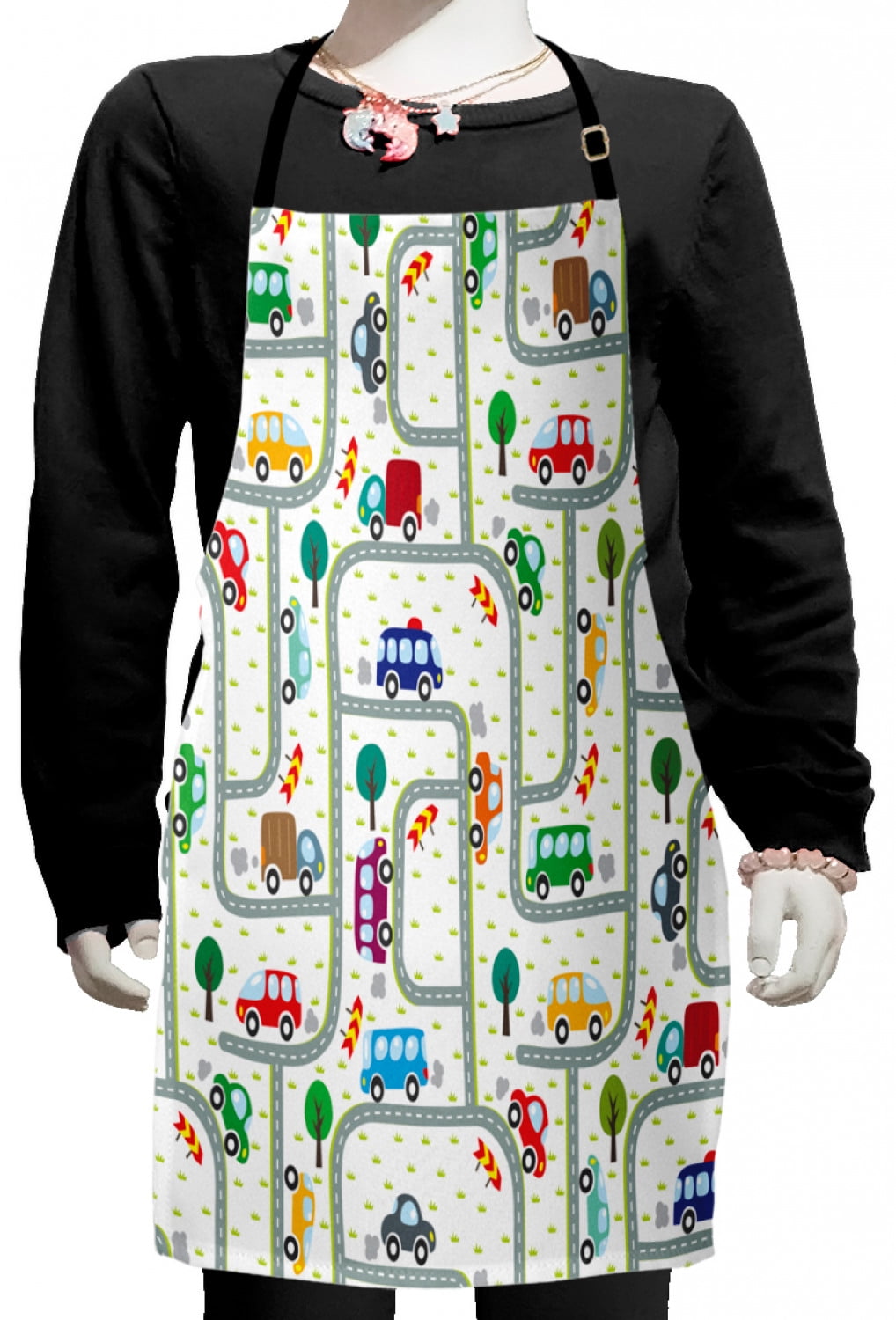 Cars Kids Apron, Vibrant Children Drawing Cars Driving on the Roads