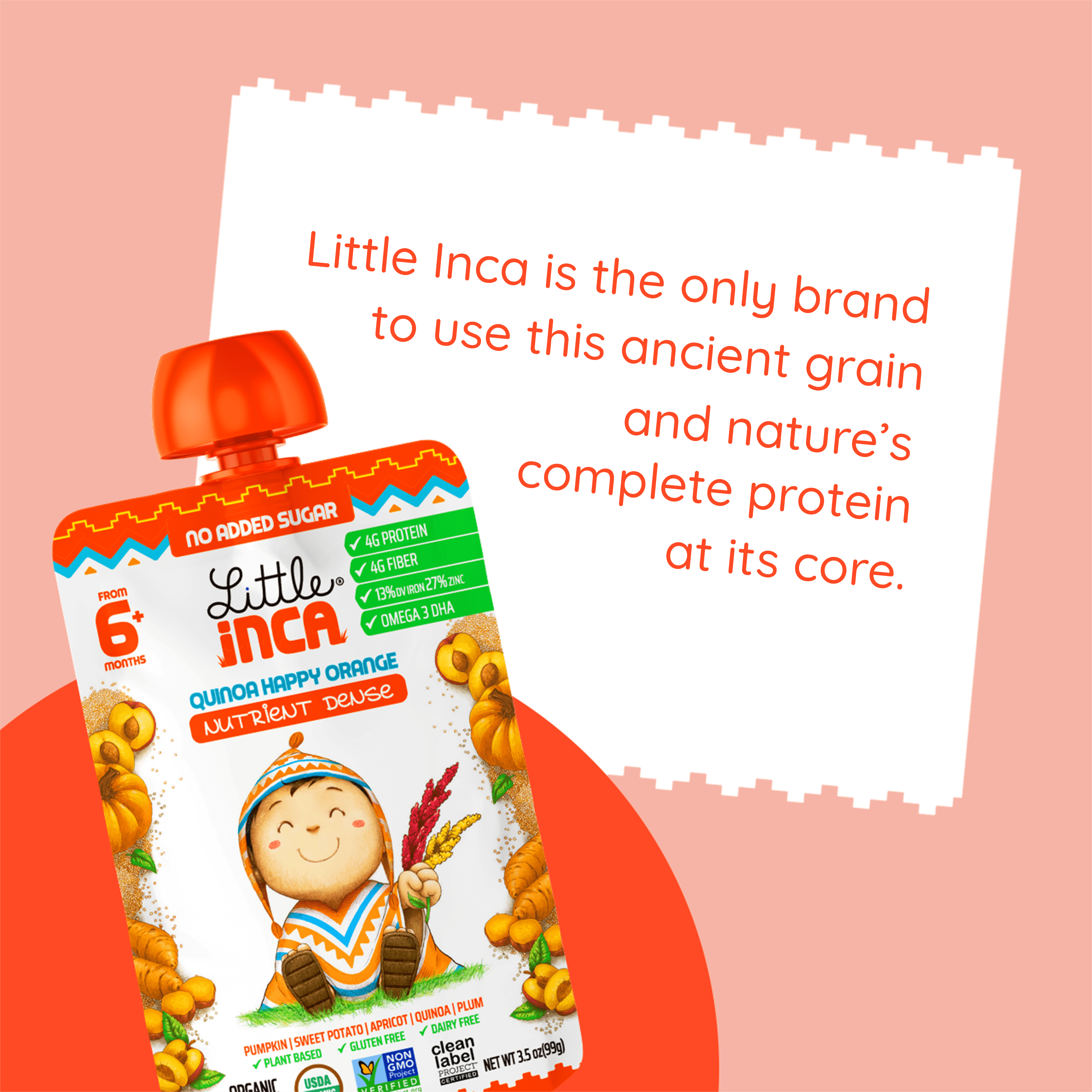 Little Inca Stage 2 Baby Food Pouches, Quinoa Happy Orange Baby Puree, Plant Based High Protein, Dairy-Free, 6 x 3.5oz