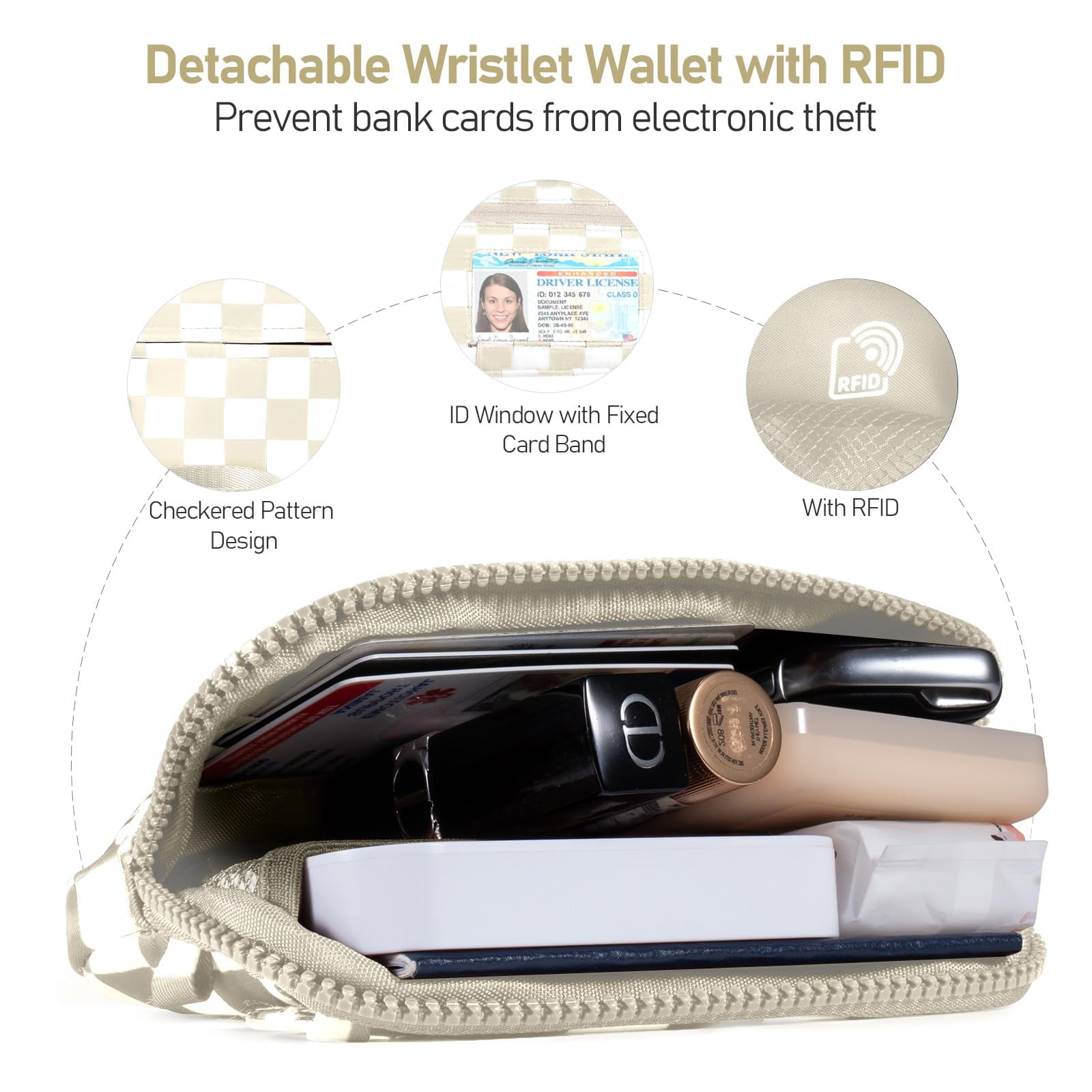 Cysiyu Clip and Go Strap for Phone with Wallet Crossbody Phone Lanyard and Detachable Checkered Bag with ID Window and RFID Pouch for Daily Travel.