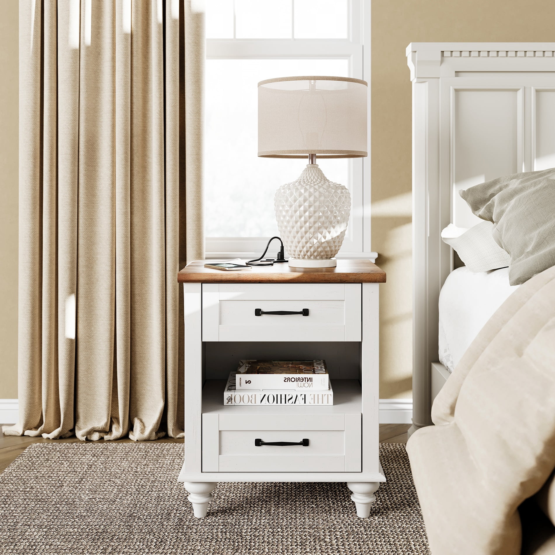 FITUEYES Modern Nightstand with 2 Drawers & Charging Station, White
