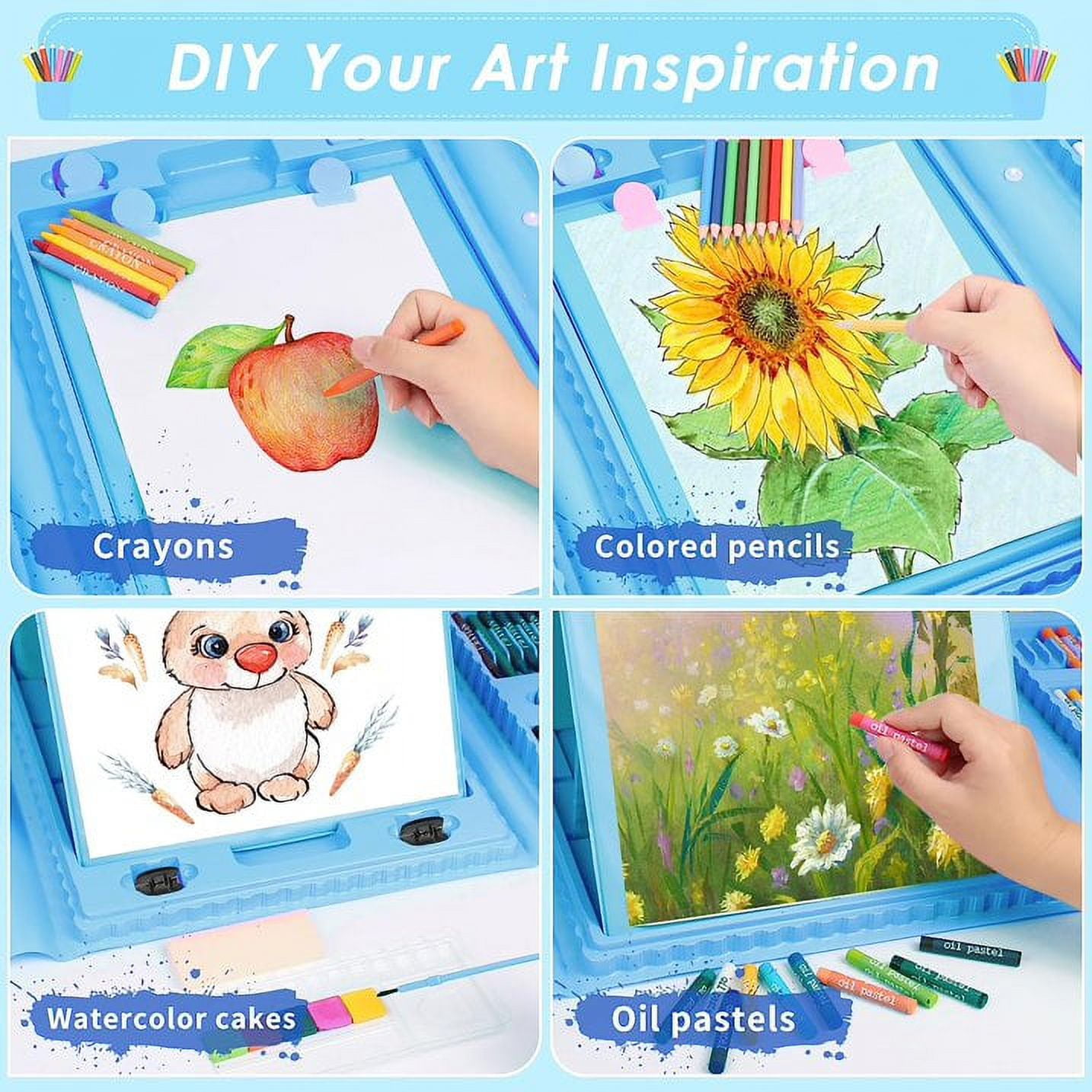 208-Pack Art Supplies, Deluxe Portable Art Set Crafts Drawing Painting Coloring Kit, Kids Adults Art Set with Double Sided Trifold Easel,Creative Gift Box for Artist Beginners Kids Girls Boys,Blue