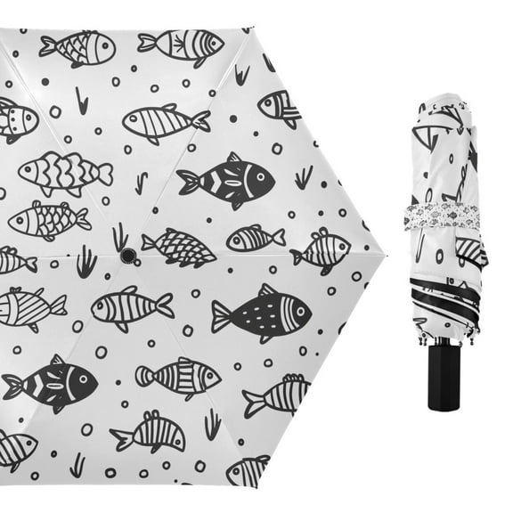 Cute Line Fishes Compact Sun Umbrella Windproof Travel Umbrellas for Rain Strong Portable UV Protection