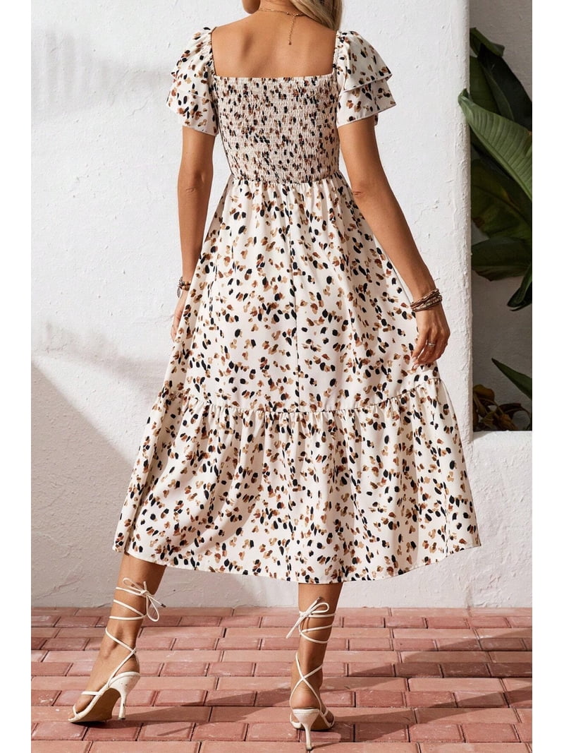 beige ditsy floral dress ZhiHiMeRi Women's Beige Ditsy Floral Print Dress Smocked Square Neck with Ruffle Short Sleeves for Summer, XL