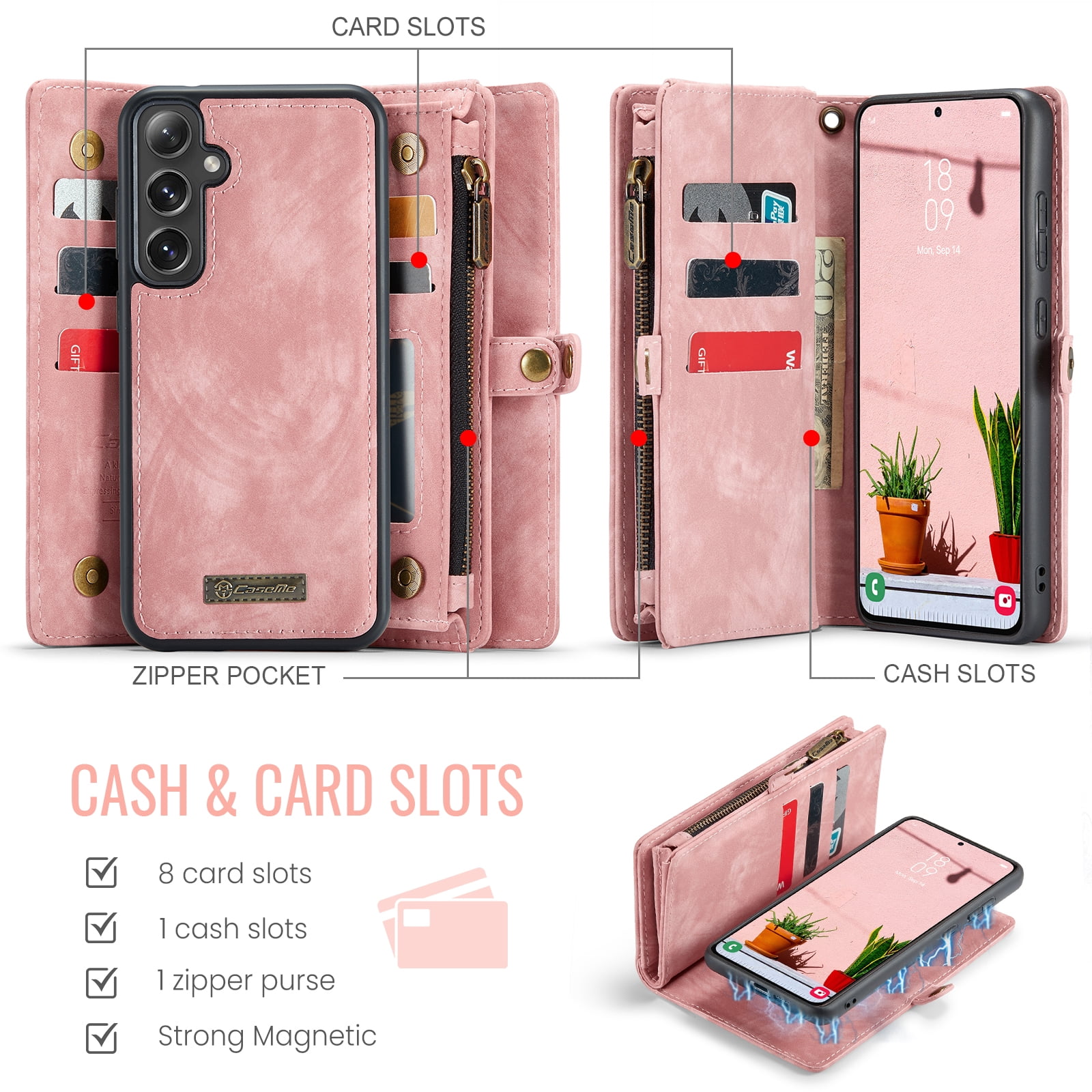 Dteck 2 in 1 Detachable for Samsung Galaxy A16 5G Wallet Case with Card Holder, Shockproof Retro Premium Flip Leather Cover Magnetic Zipper Pocket Phone Cases, Pink