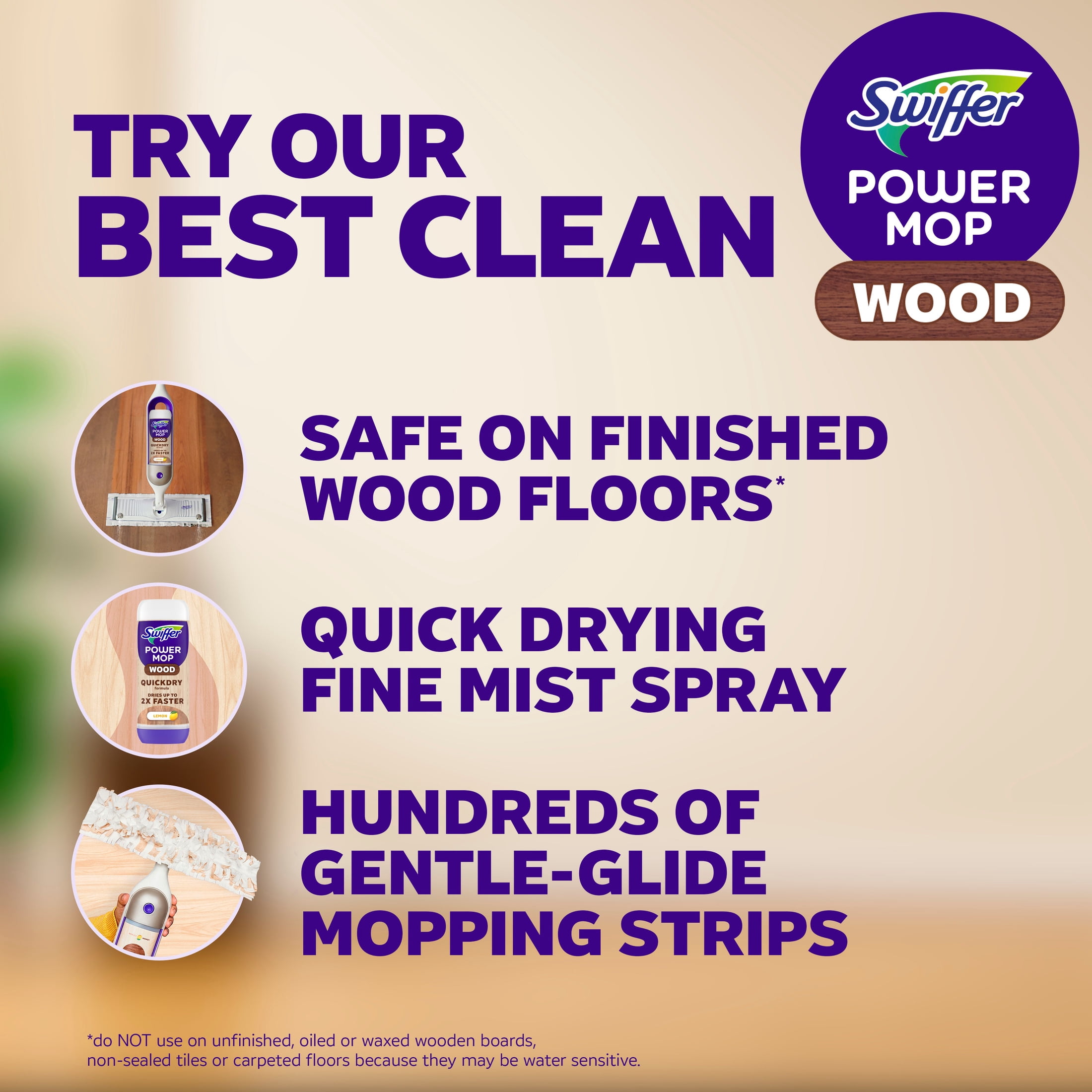 Swiffer Power Mop Wood Kit with Refill, Unscented, 1 handle + 1 solution & 2 Pads