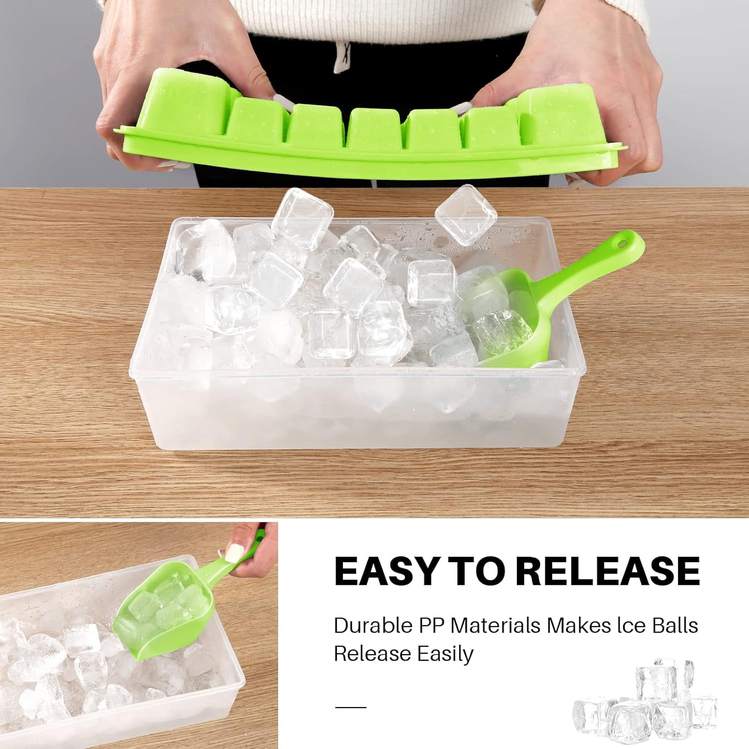 Ice Cube Tray with Lid and Bin for Freezer, Easy Release 36 Nugget Ice Tray with Cover, Storage Container, Scoop. Perfect Small Ice Cube Maker Tray & Mold. Flexable Durable Plastic, BPA Free (Green)
