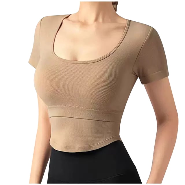 Timegard Hauts d'Entraînement pour Femmes avec Soutien-Gorge Intégré Col Rond Manches Courtes Hauts Courts Ajustés Hauts de Yoga Athlétiques