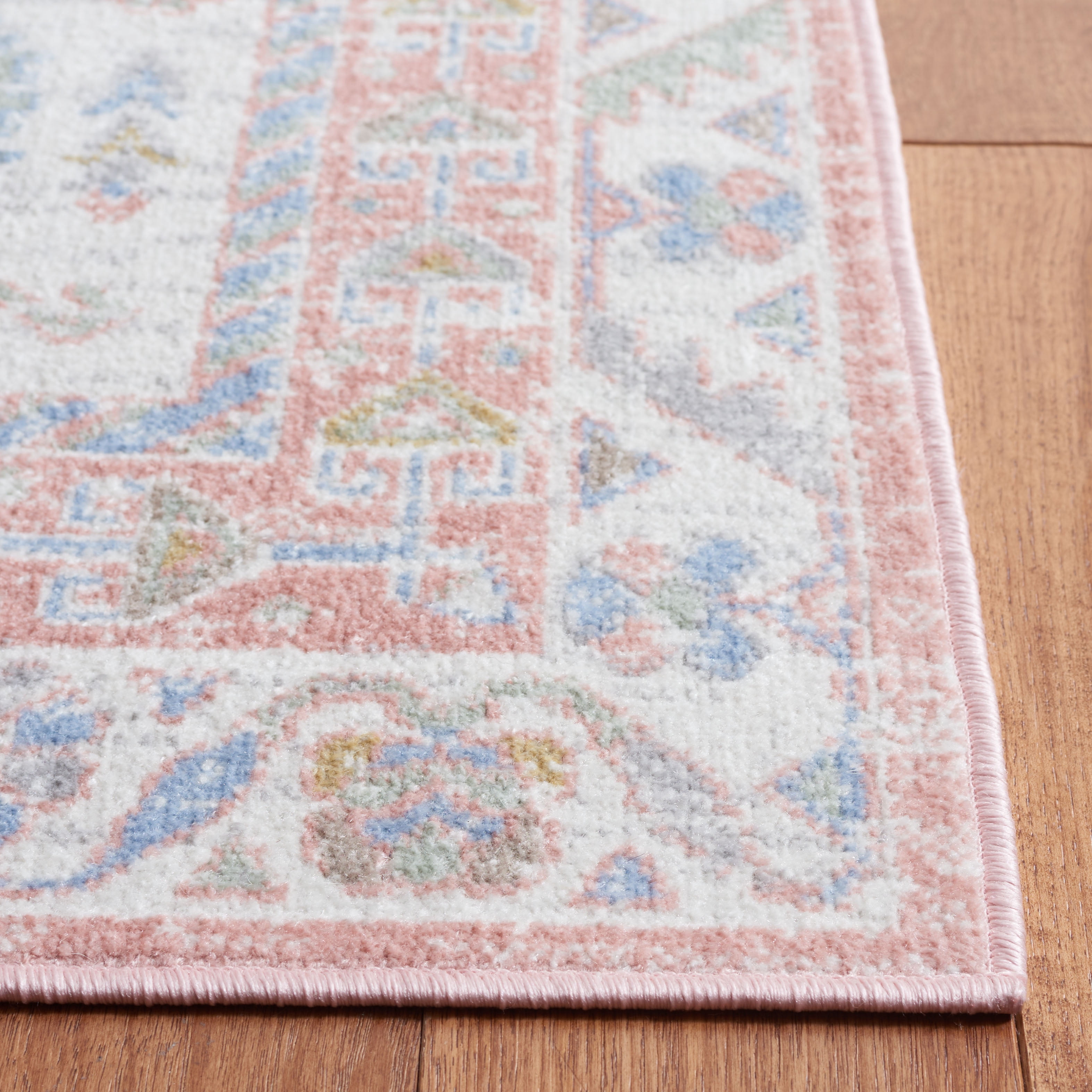SAFAVIEH Bayside Sherwood Oriental Polyester Machine Washable Area Rug, Ivory/Blue Pink, 8' x 10'