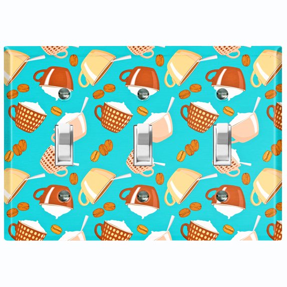 Metal Light Switch Wall Plate Outlet Cover (Mocha Coffee Bean Espresso Cup Cappuccino Teal - Triple Toggle)