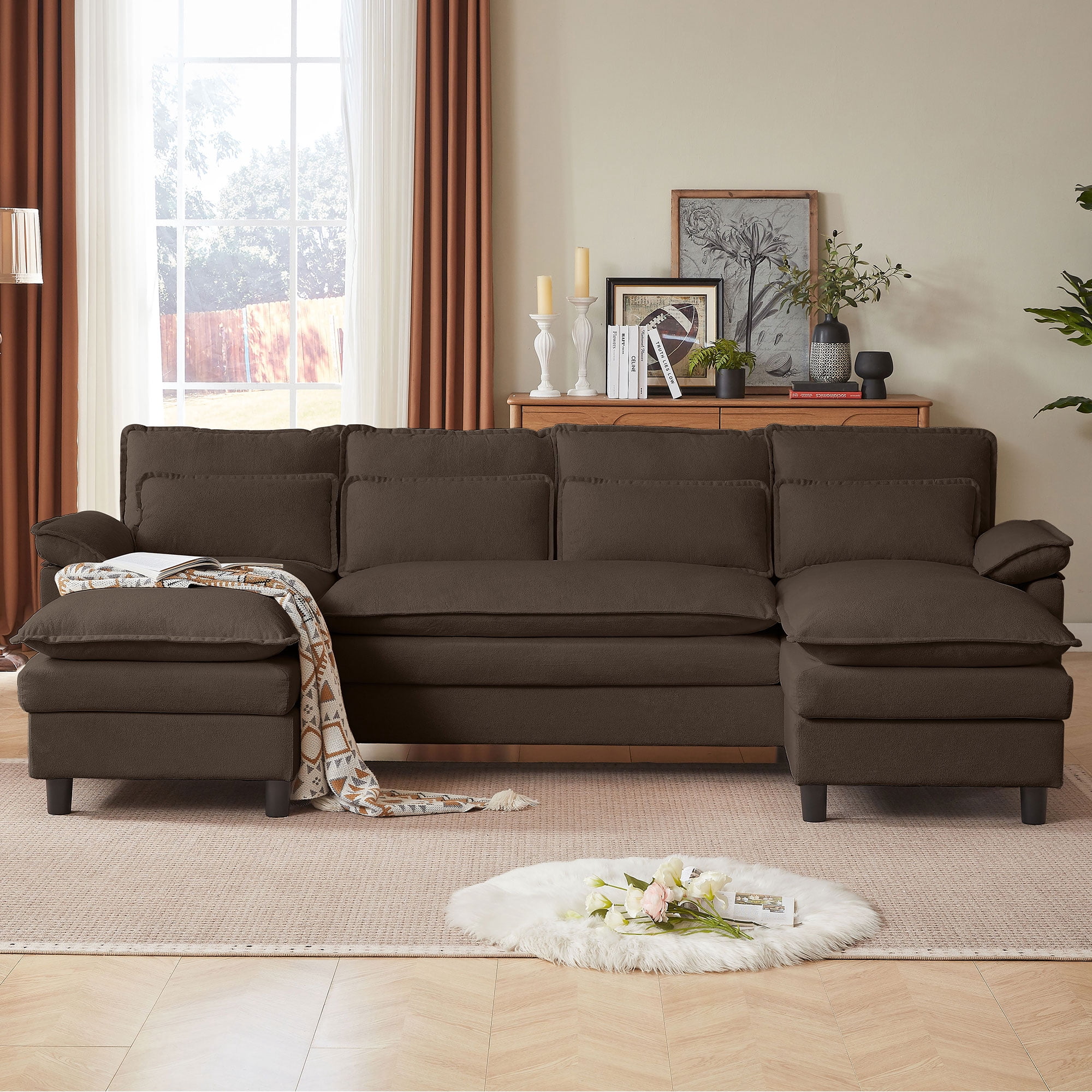 Soscana U Shaped Cloud Couch Sectional Sofa 4 Seat with Double Chaise, Modern Linen Sofa with Waist Pillows for Living Room Apartment Office Studio,Brown