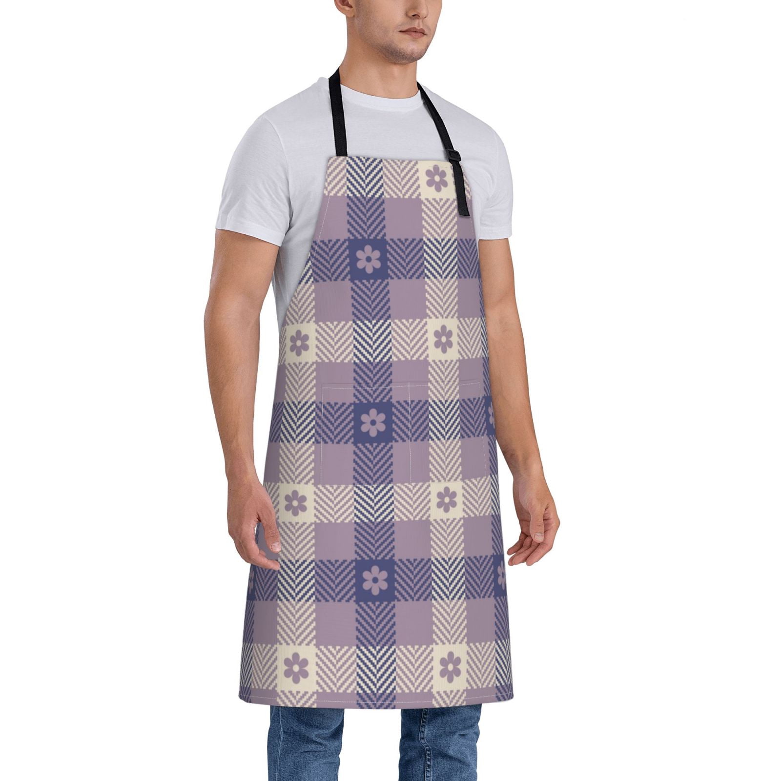 Kdxio Purple Floral Gingham Check Plaid Apron with Pockets Adjustable Kitchen Aprons for Men Women Waterproof Aprons for Cooking,Drawing,Crafting, Baking Household Cleaning