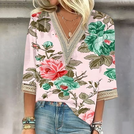 Qhnvtd Hooey Shirts For Women Fashion 2024 Babydoll Tops For Women Tshirts 2024 Women s Summer Printed Pullover V-Neck Lace T-Shirt 3/4 Sleeves Sleeve Top Hot Pink