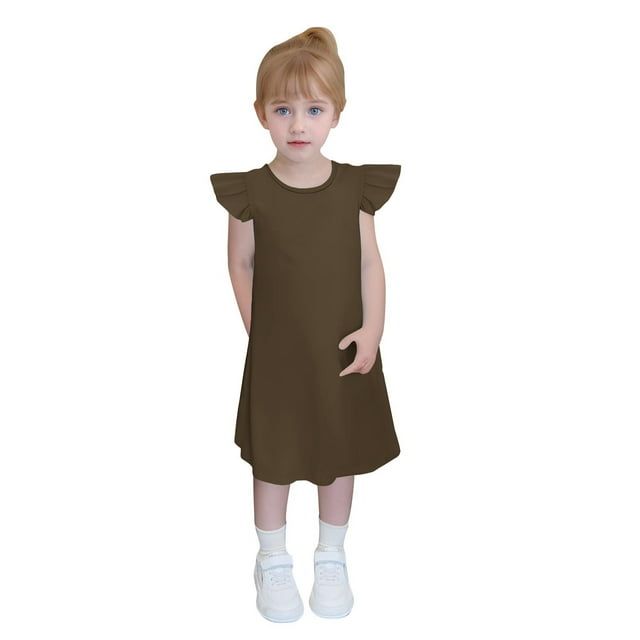 Yanlir Robe de Fête pour Tout-Petites Filles 4-14 Ans Enfants Douce et Confortable Manches à Volants Couleur Unie Col Ras du Cou Robe d'Été pour Tenues de Princesse (Brun, 13 Ans)