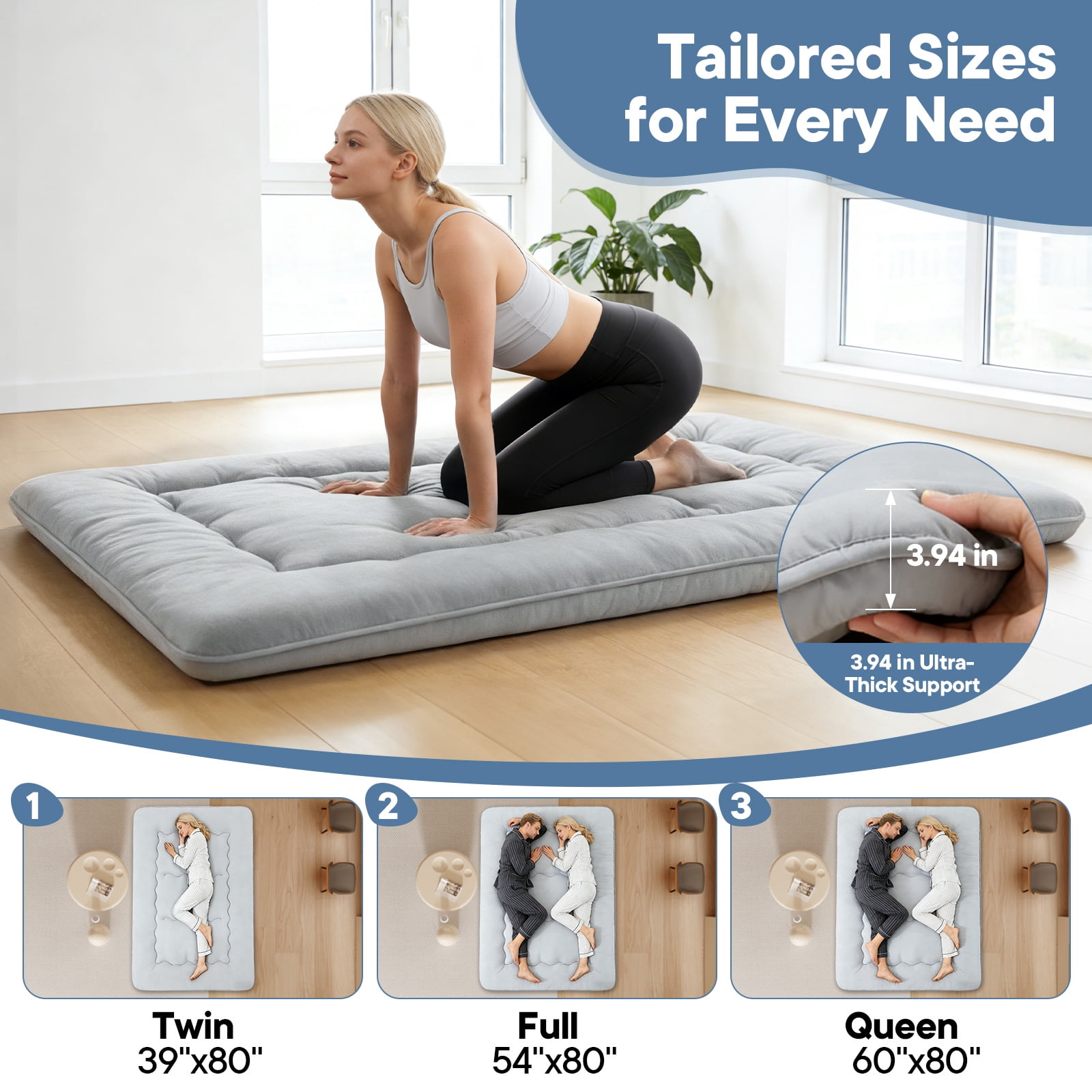 Sweetcrispy Full Japanese Floor Mattress with Washable Cover, Folding Memory Foam Sleeping Mat for Dorm, Camping & Guest Room, Gray