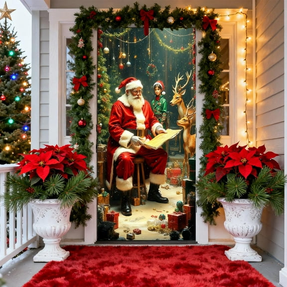 Zawou Christmas Door Cover Banner with Santa Claus Pattern, 35x72 Inch Indoor Outdoor Holiday Decoration for Doors and Walls